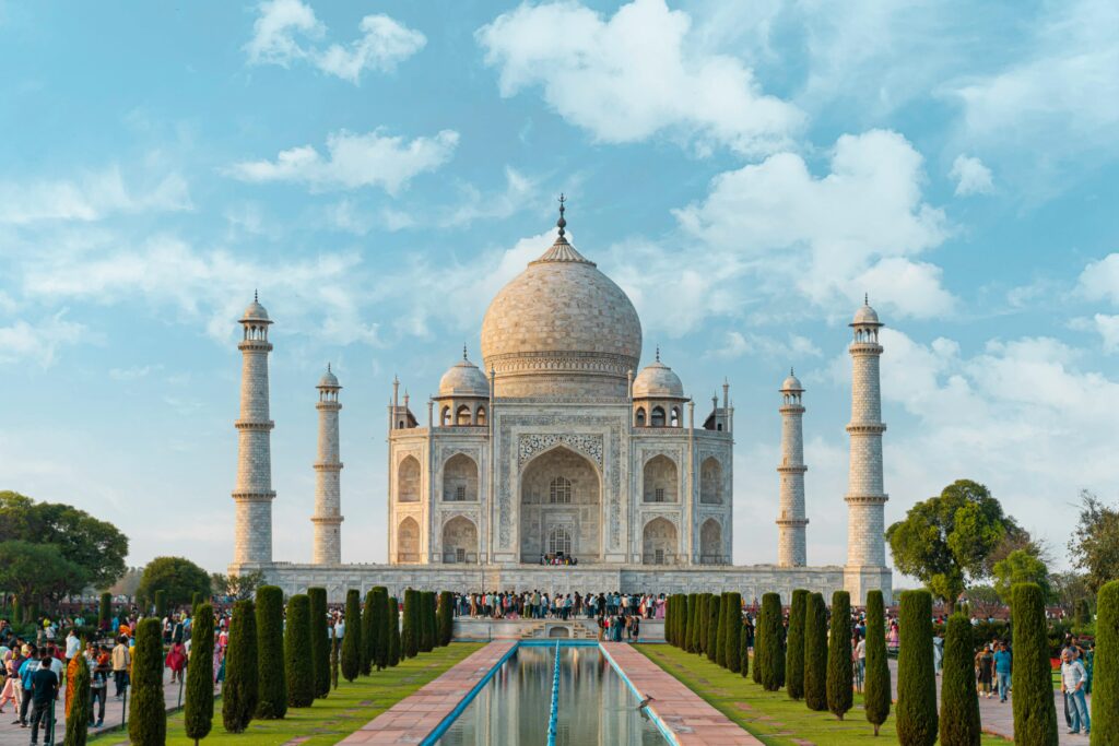 Stunning daytime view of the iconic Taj Mahal, a UNESCO World Heritage Site in Agra, India.